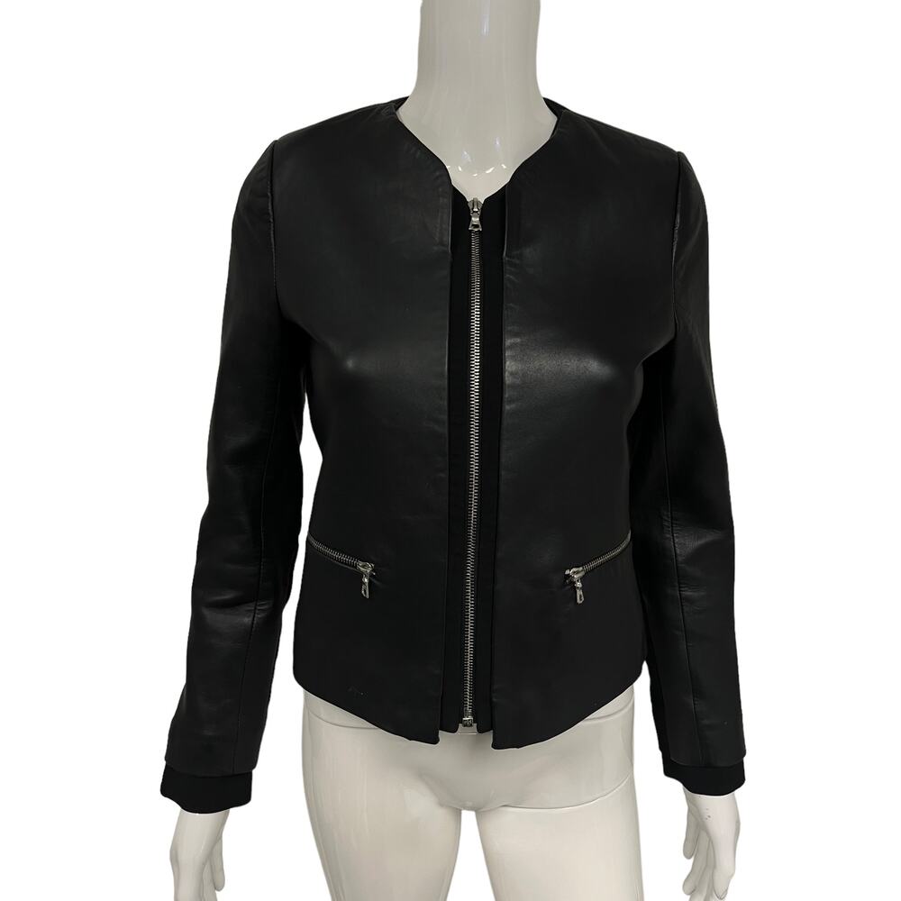 SANDRO Black Lamb Leather Textured Trim Collarless Full Zip Blazer Jacket Size S